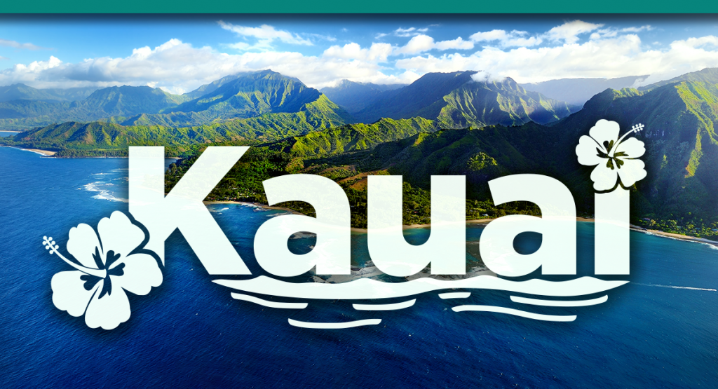 Image of lush green cliffs and the ocean off the coast of Kauai Hawaii